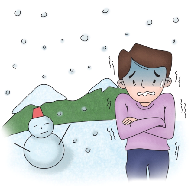 눈오는날 저체온증으로 몸을 떨고 있는 남성