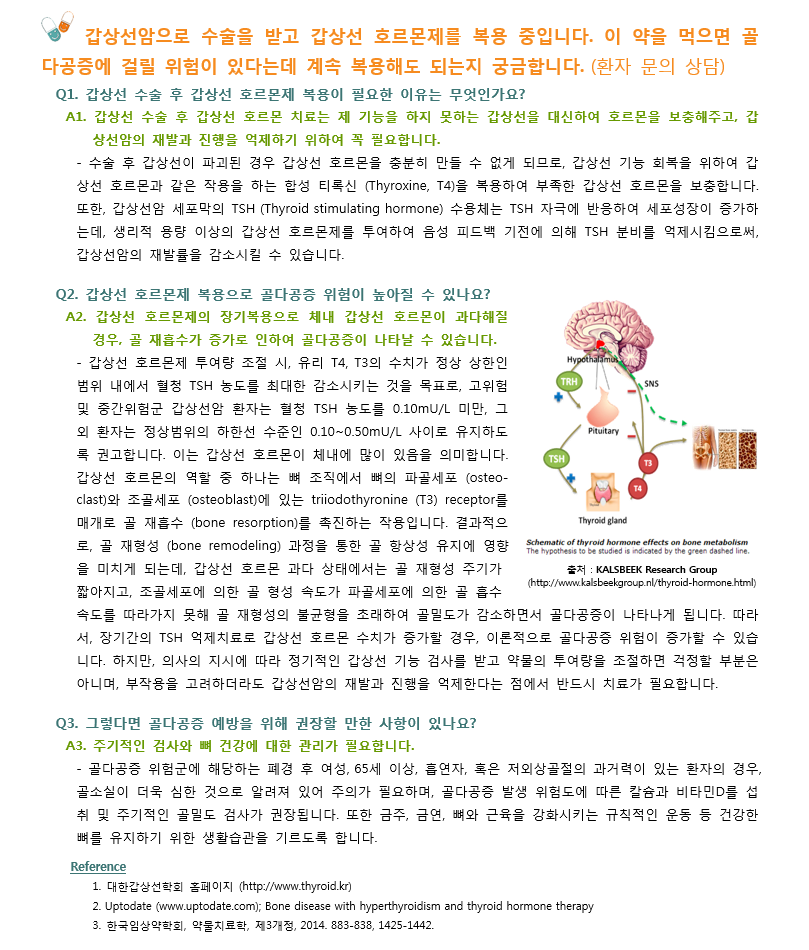 약제팀 의약정보지 12월호 Q & A 내용입니다. 갑상선호르몬제를 복용하는 환자의 문의에 대한 답변 내용을 정리하였습니다.