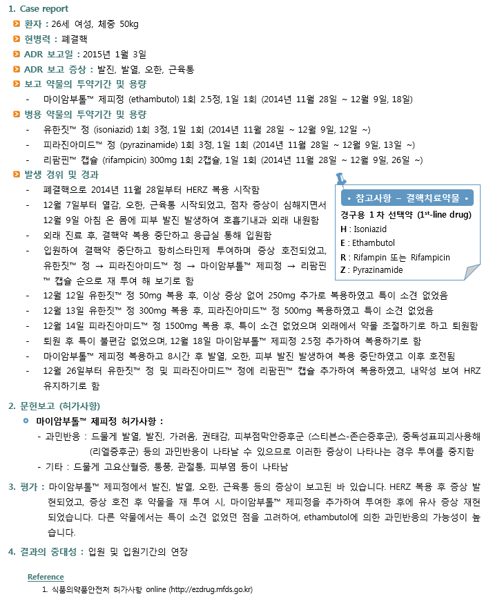 약제팀 의약정보지 2월호 ADR Case Report입니다. Ethambutol 투여 후 생긴 과민반응에 대한 case 보고입니다.