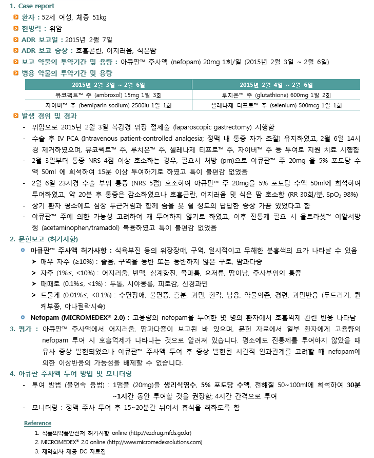 약제팀 의약정보지 3월호, ADR Case Report입니다. Nefopam 성분 주사에 대한 과민반응 부작용과 관련한 내용을 담고 있습니다.