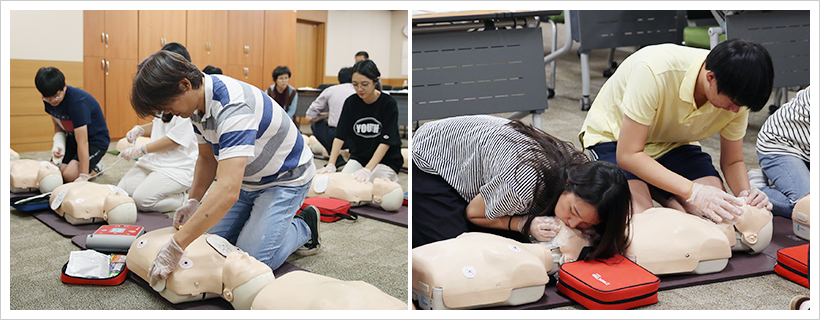서울아산병원 시뮬레이션센터에서 진행된 일반인 대상 심폐소생술 교육 참여자들이 제세동기 사용법 및 인공호흡법을 배우고 있다.